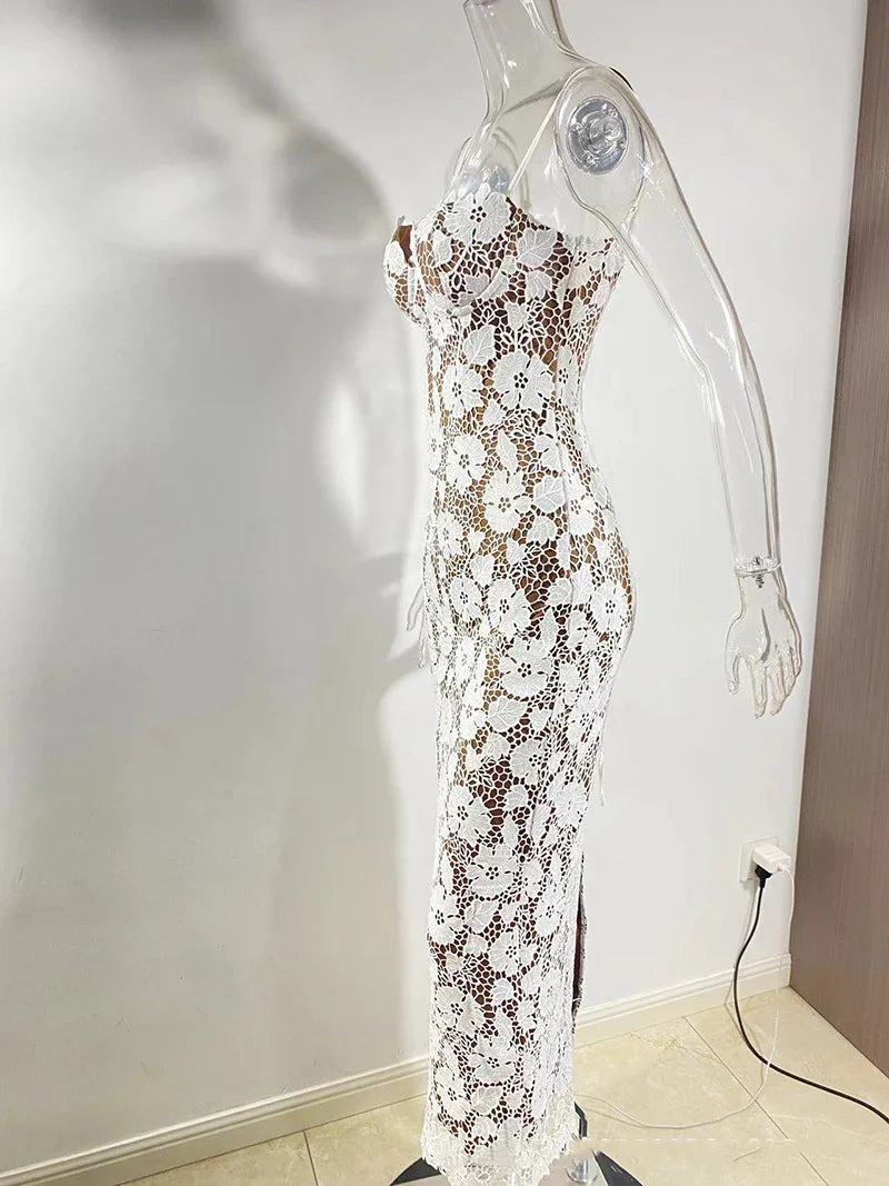 Lace Maxi Dress with Floral Embroidery and Back Ties - Veronica