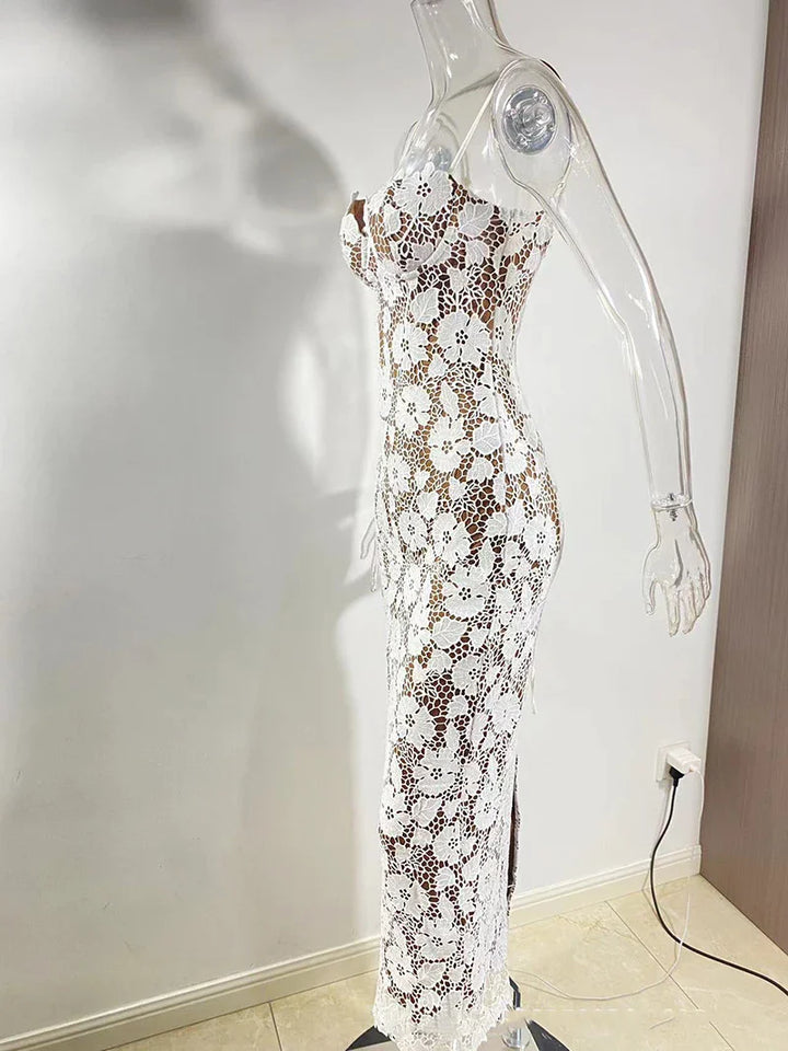 Lace Maxi Dress with Floral Embroidery and Back Ties - Veronica