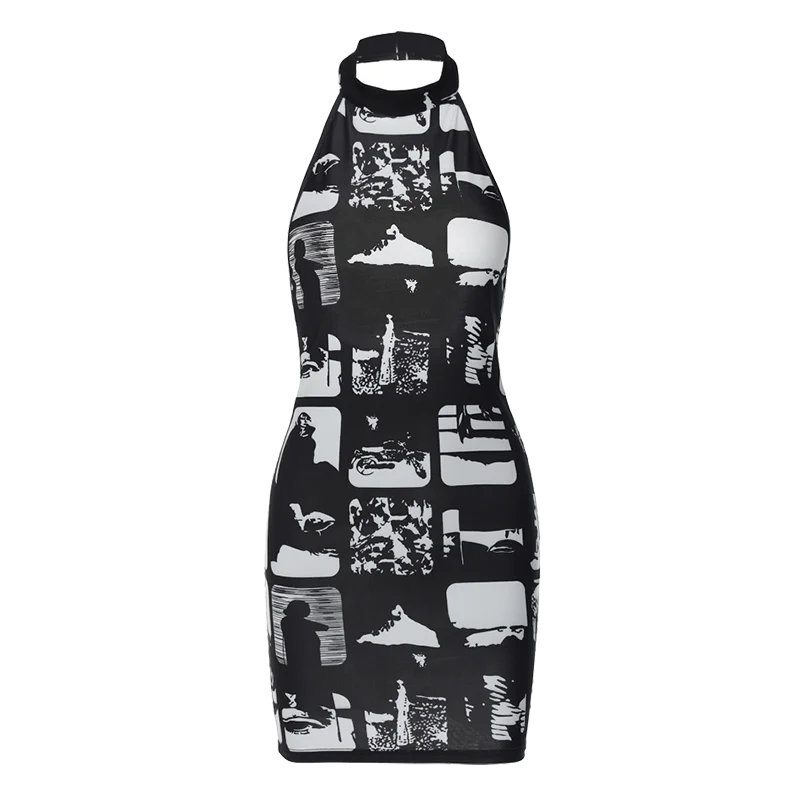Mini Dress with Collar and Monochrome Print Design - Tessa