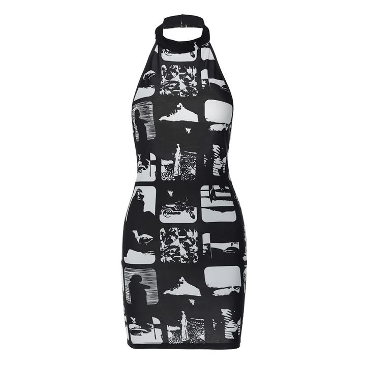 Mini Dress with Collar and Monochrome Print Design - Tessa