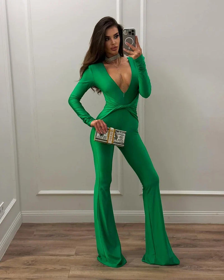 Fitted long jumpsuit with shaping fabric, deep V neckline, and cross decoration - Laini