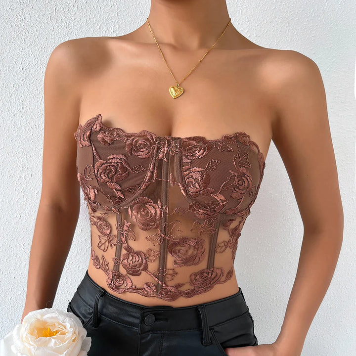 Strapless Mesh Top with Floral Embroidery - Noya Lee