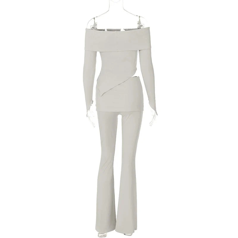 Two-piece knitted set with asymmetrical off-shoulder top and long pants - ROZIE
