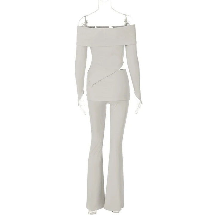 Two-piece knitted set with asymmetrical off-shoulder top and long pants - ROZIE