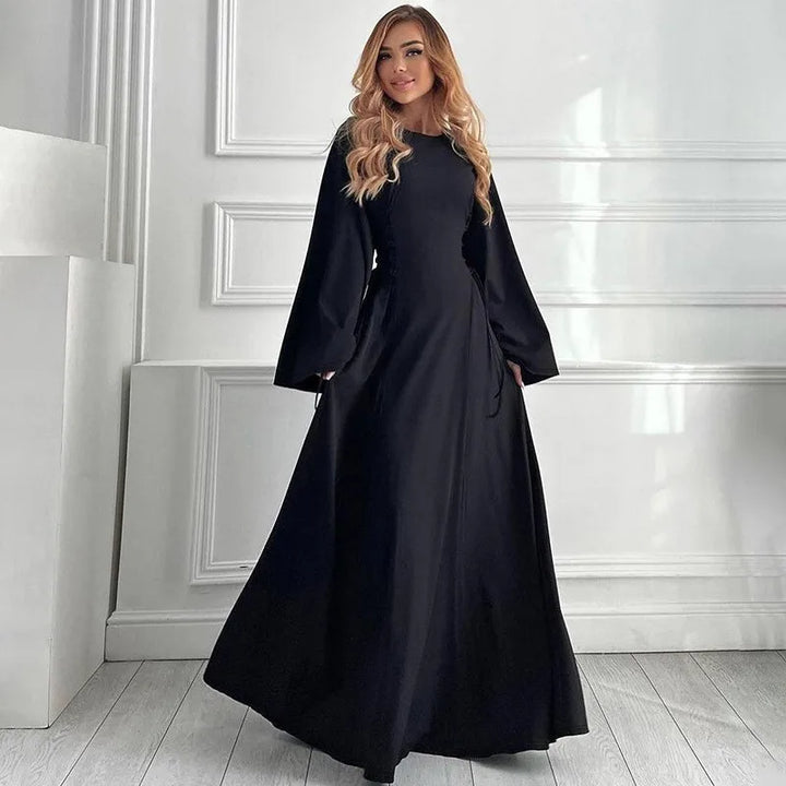 Modest knitted A-line maxi dress with waist ties - Liri