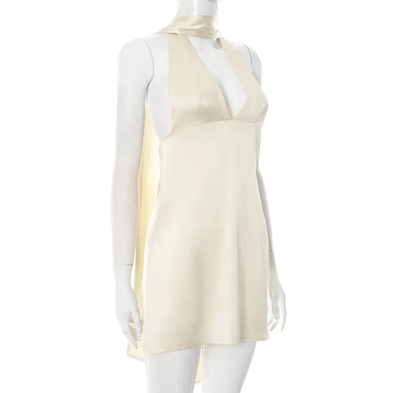 Satin mini dress with V neckline decorated with matching scarf - Karina