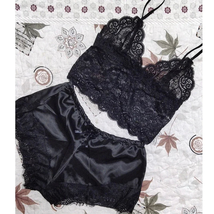 Babydoll Set with Satin Shorts and Lace Top - Noelle