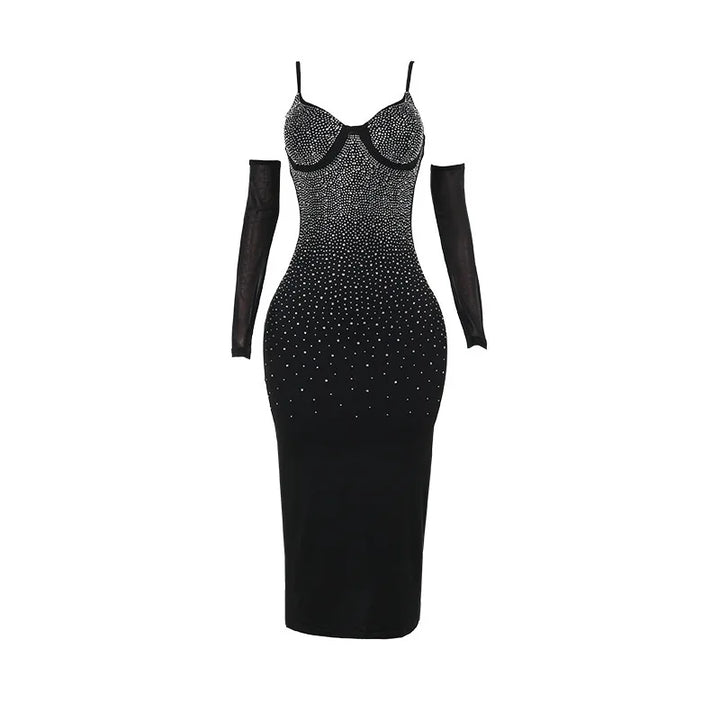 Fitted midi dress with shaping fabric, glitter sequin detail, and cap sleeves - Bridget