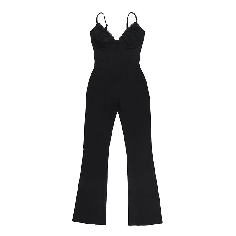 Long pedal-pusher pants jumpsuit with lace trim - Liz
