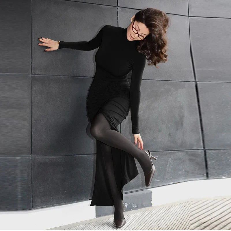 Maxi Dress with Gathered Turtleneck Collar and Slit Embellishment - Brianna