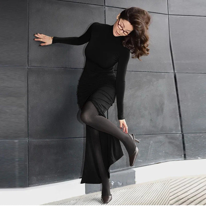 Maxi Dress with Gathered Turtleneck Collar and Slit Embellishment - Brianna