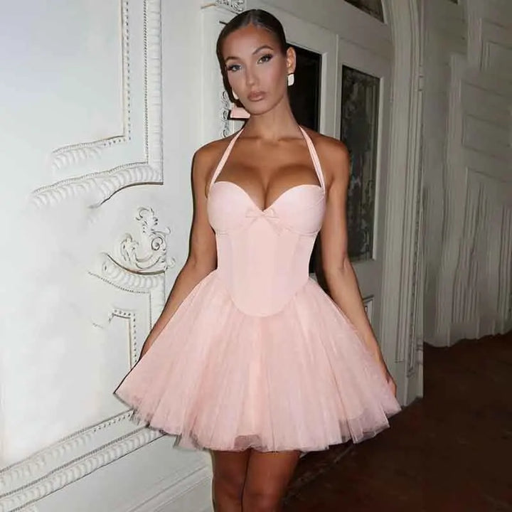 Ballerina mini dress in A-line cut with corset and tulle open back design - Mimi