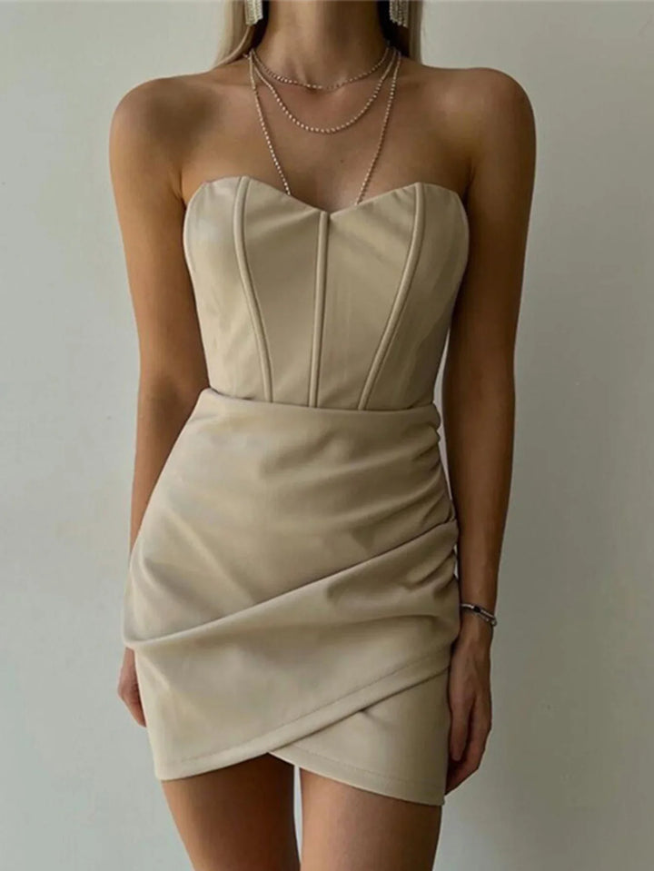 Strapless Faux Leather Mini Dress with Ruched Corset Design - AVA