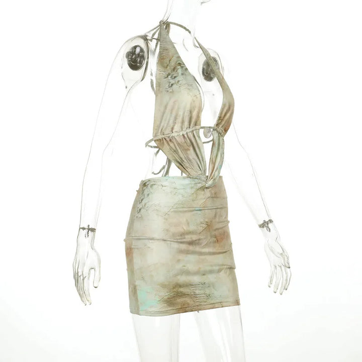 Mini tie-neck dress with open back and special print design - Wanda