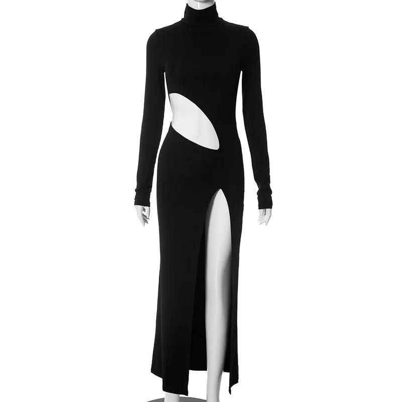 Maxi evening turtleneck dress with deep slit and cutout design - Elai