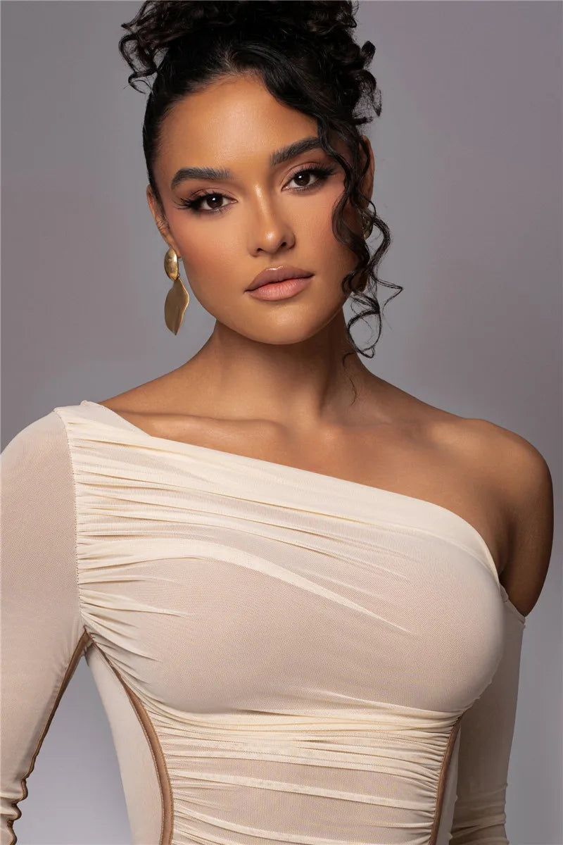 Midi ruched dress with asymmetrical neckline - LOV