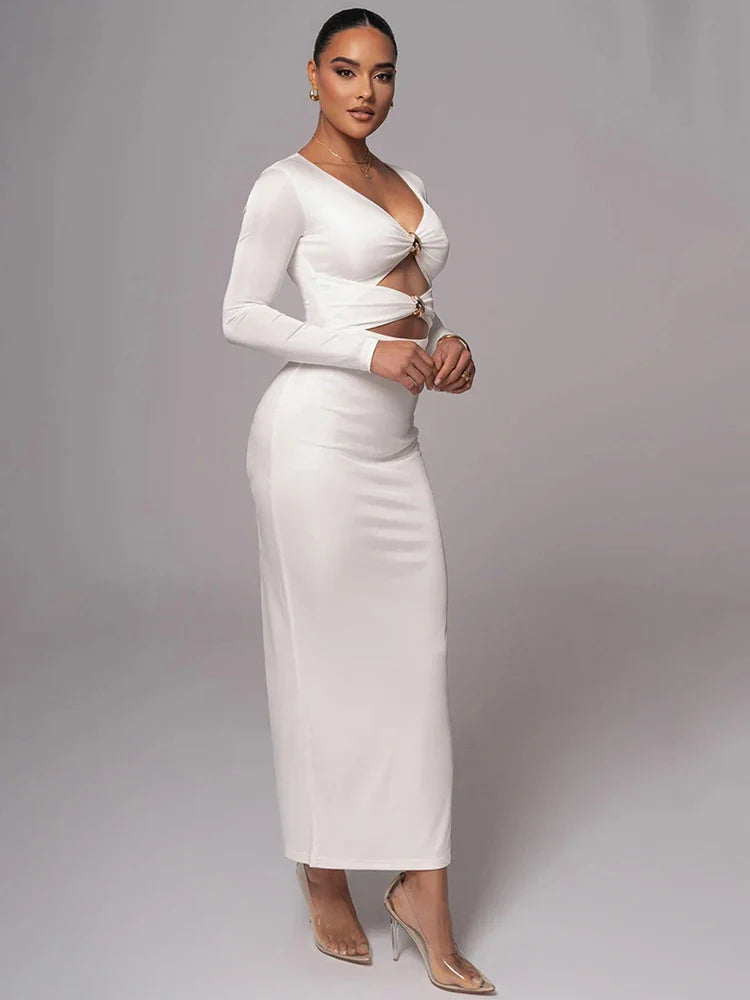 Fitted Shaping Fabric Maxi Dress with Cutouts and Buckles - Lauren