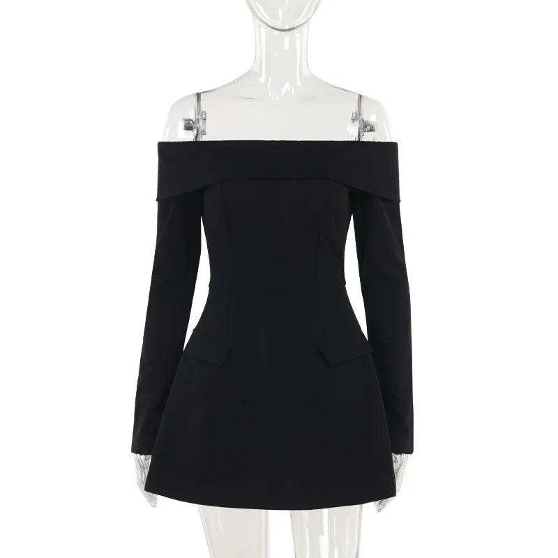 A-line off-shoulder mini dress with faux pocket design - Macy