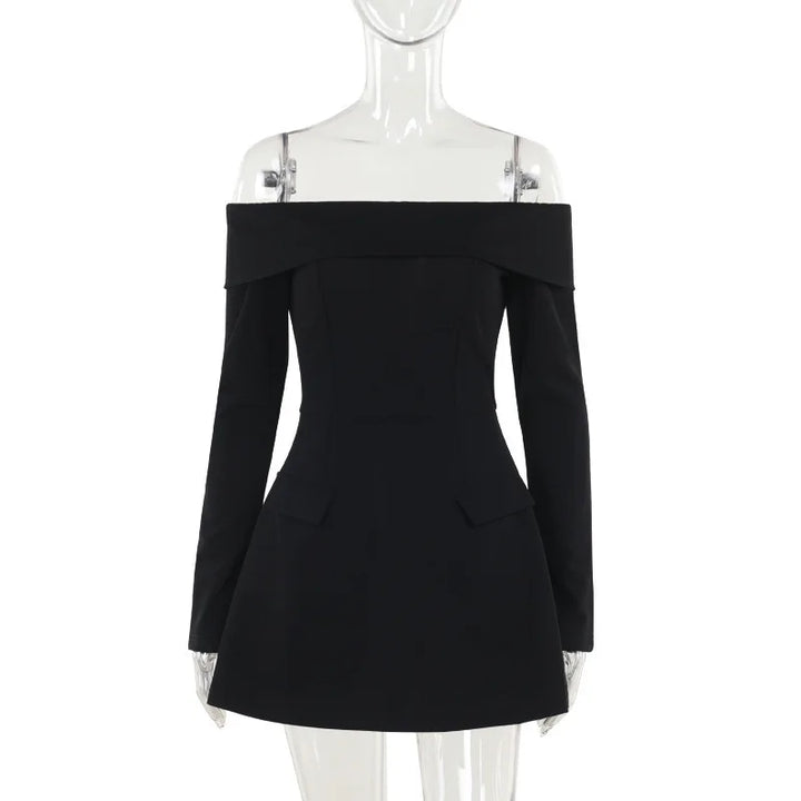 A-line off-shoulder mini dress with faux pocket design - Macy