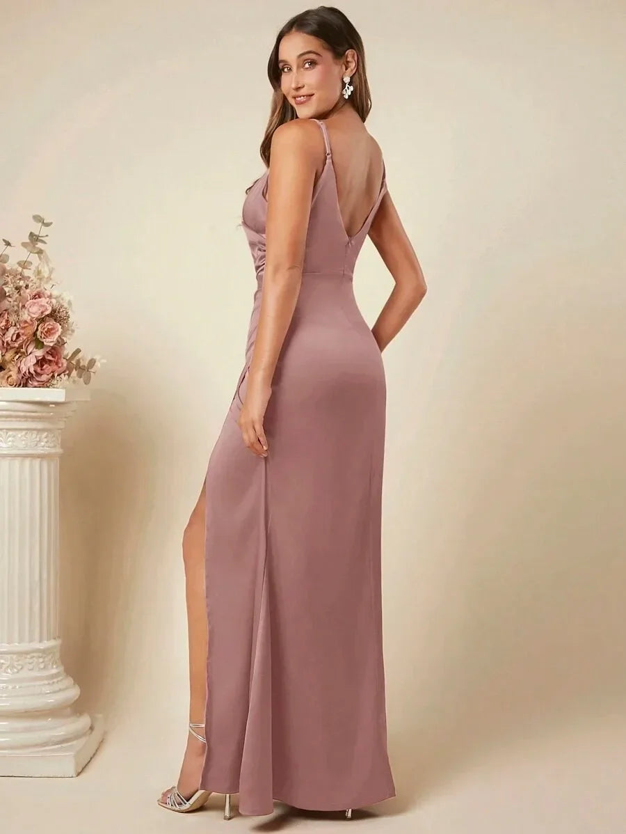 Elegant Maxi Satin Dress with Slit Detail - Reina
