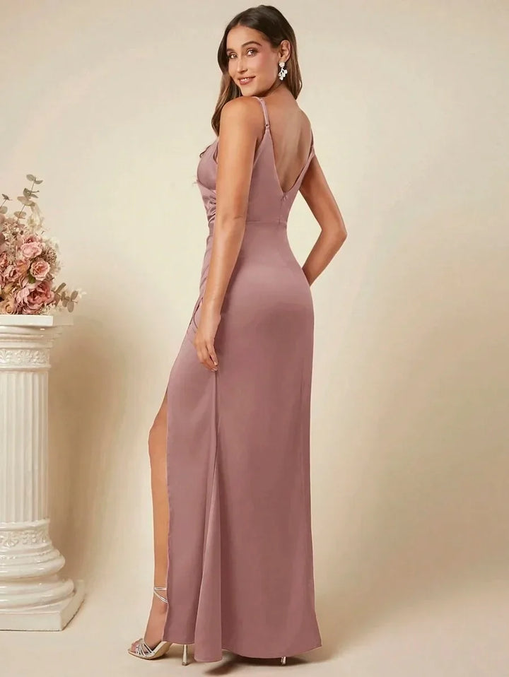 Elegant Maxi Satin Dress with Slit Detail - Reina