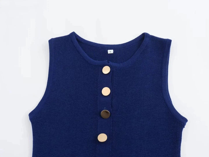 Elegant Knitted Midi Dress with Button Decoration and Small Slit - Pierre