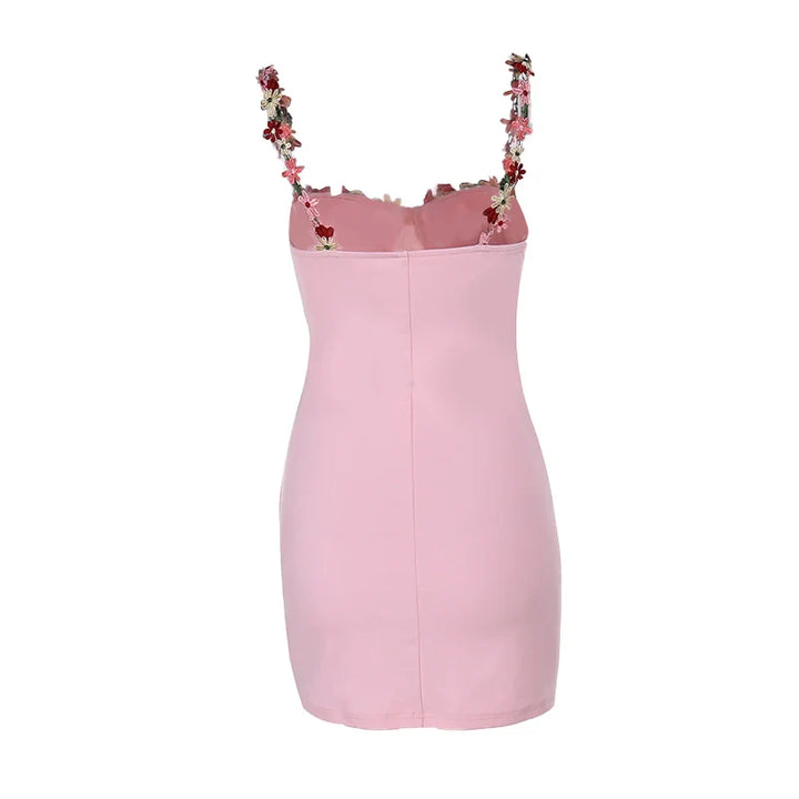 Mini Dress with Embroidery and Flower Straps with Satin Tie String Decoration - Lilia