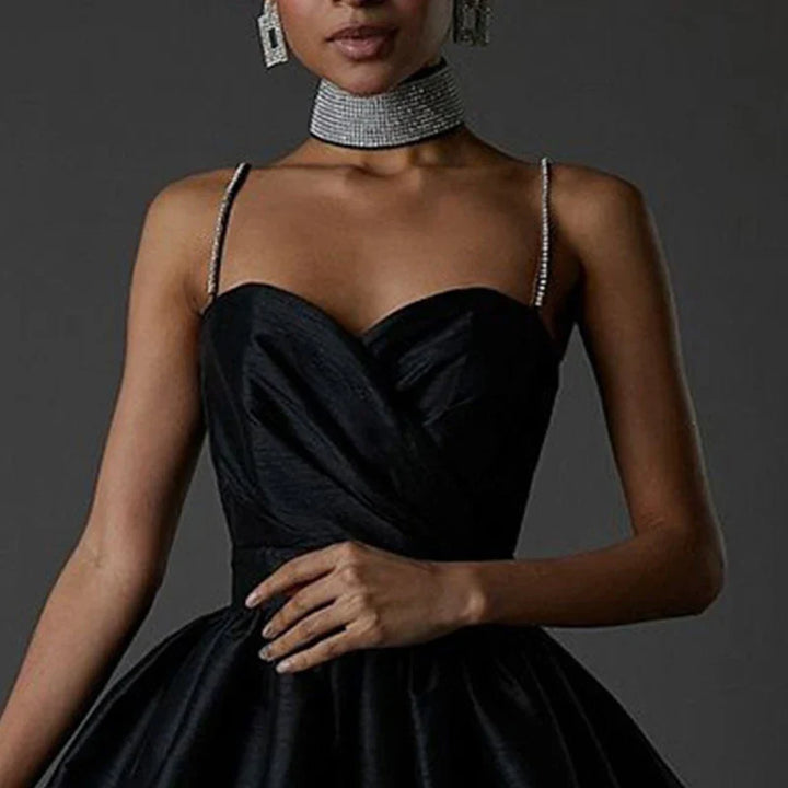 A-Line Satin Mini Dress with Sequin Straps - Miel
