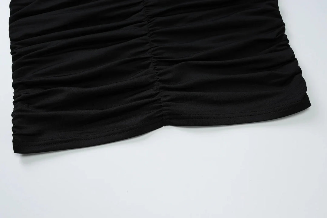 Maxi Dress with Collar, Ruching, Fitted V-Neck, Open Back - Jimena