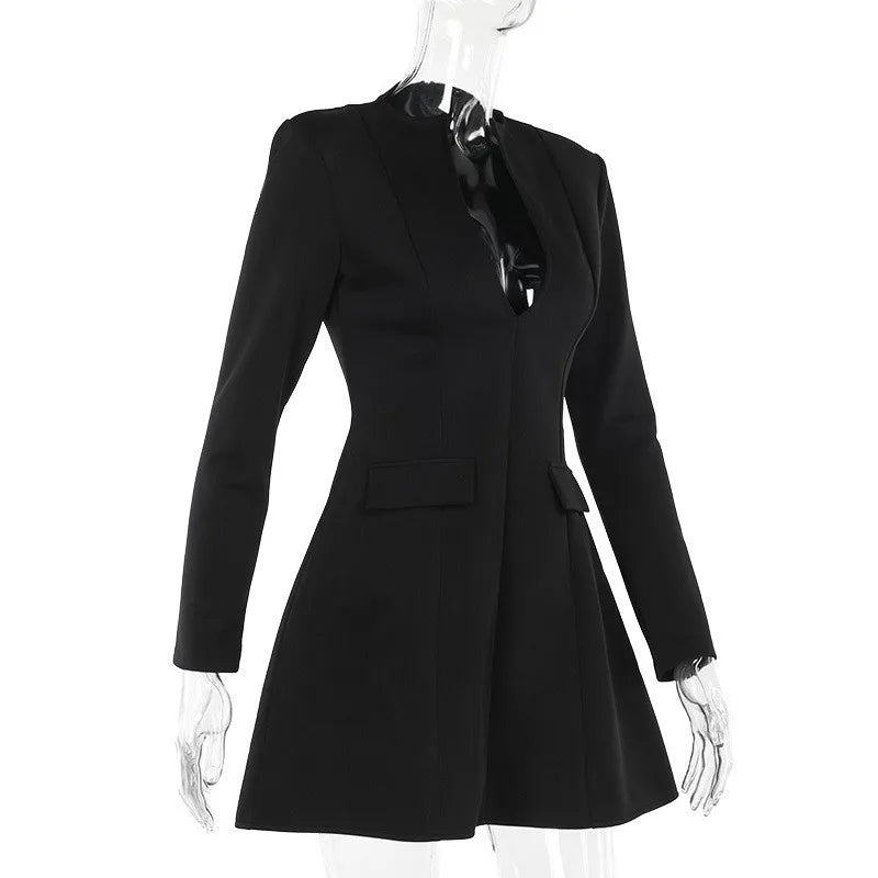 A-Line Mini Dress with Deep Neckline and Pocket Details - Bianca
