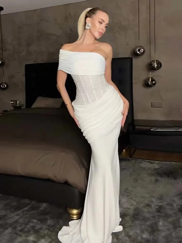 One-Shoulder Maxi Dress with Pleats and Sequins - Ara