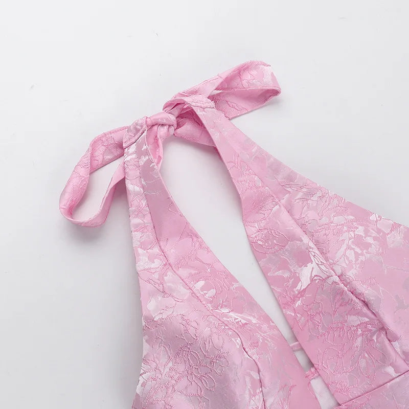 A-line mini dress with floral embroidery, bow detail on the back, tie-back design for waist fit and neck tie - Pearl