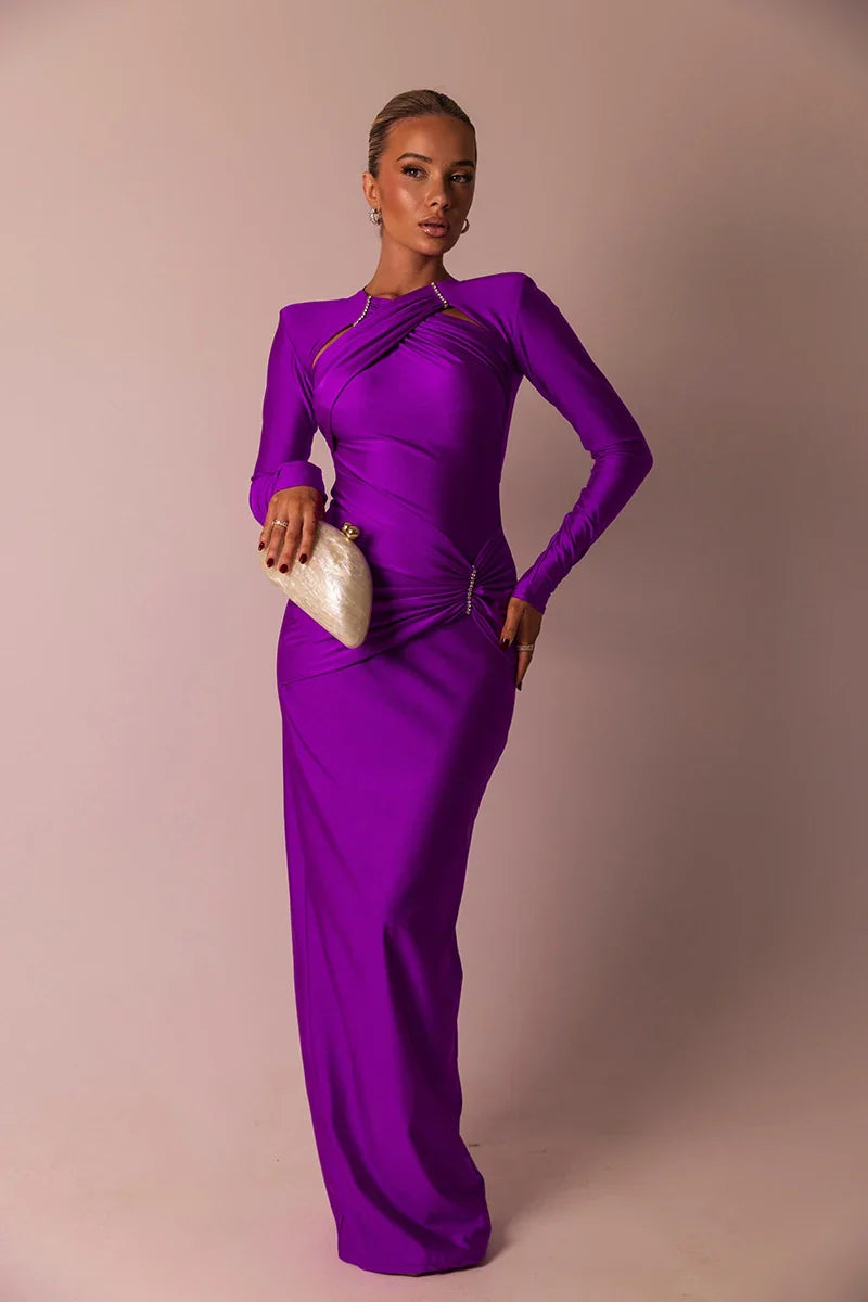 Shaping Fabric Maxi Dress with Ruched Decoration and Rhinestone Buckles - Sadie