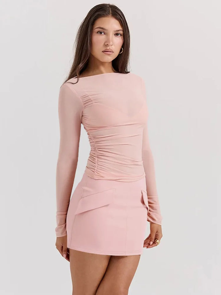 Three-Piece Set: Mini Skirt, Shirt, and Fitted Corset with Pocket Detail - Pearl