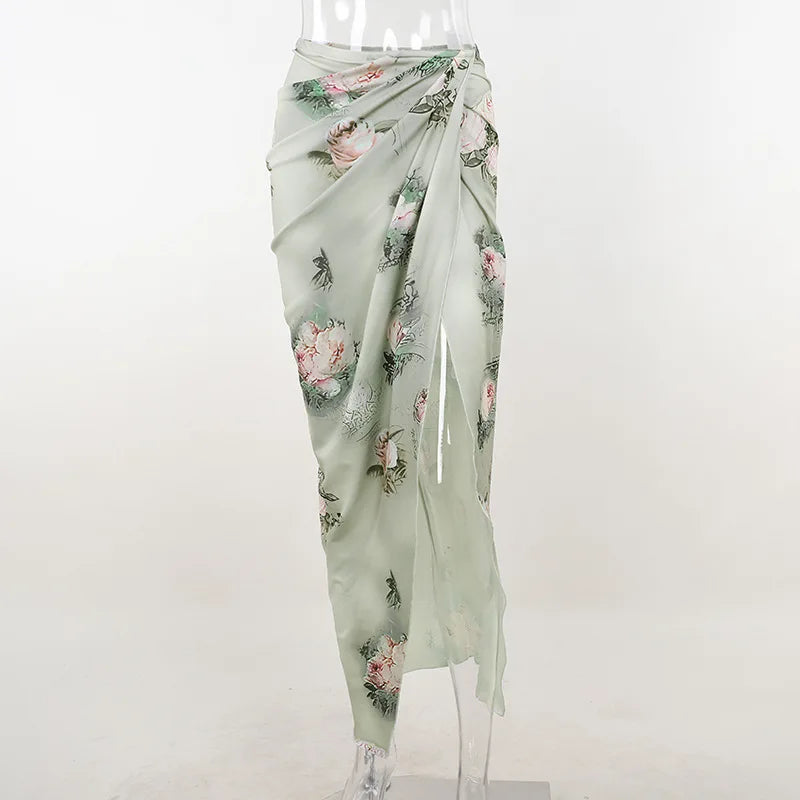Floral two-piece set maxi skirt with deep slit and crop top - Narcis