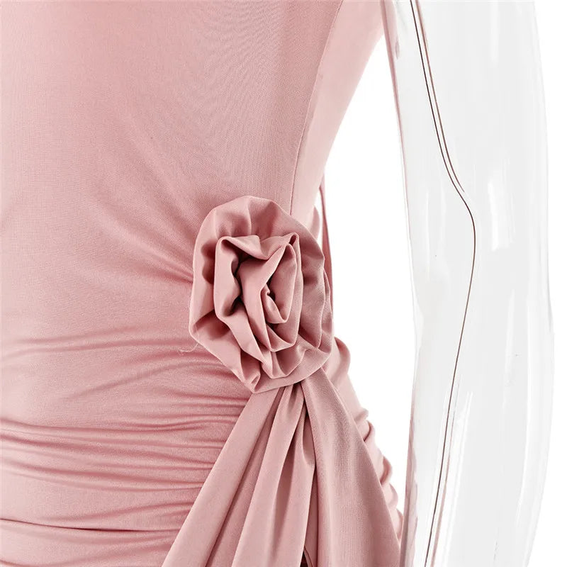 Ruched mini dress with neck tie and floral appliqué - Jasmina