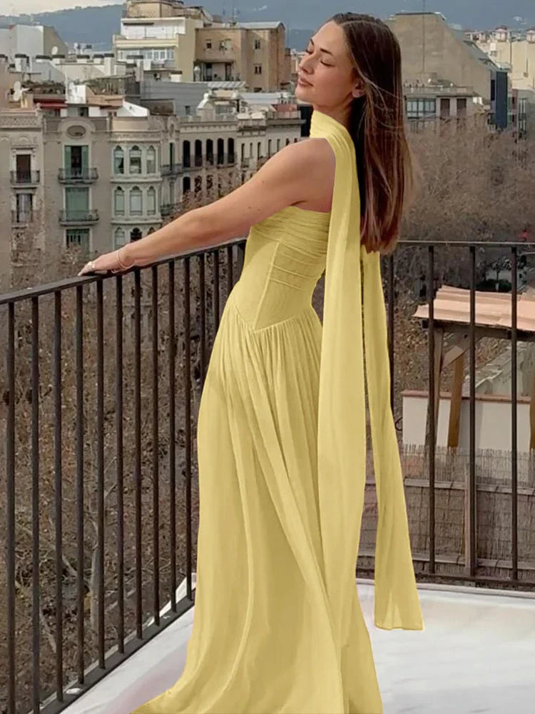 Strapless chiffon maxi dress with ruching and matching scarf decoration - Mia