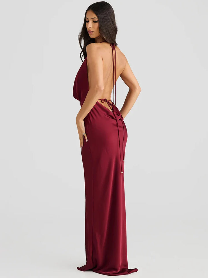 Satin Maxi Dress with Open Back and Draped Collar - Paula