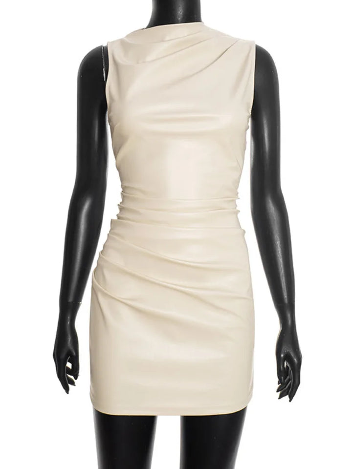 Mini Faux Leather Dress with Pleats Design - SIERA