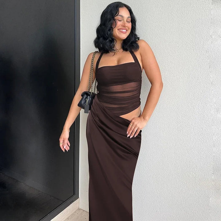 Satin Maxi Dress with Gathered Mesh Top and Open Back - Arya