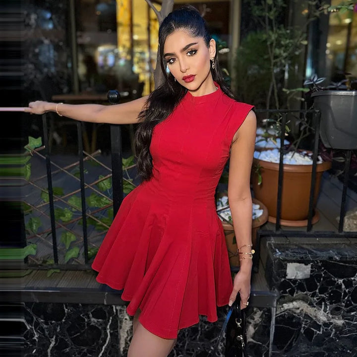 Ruffled Mini Dress with A-Line Cut and Half Turtleneck - Riley