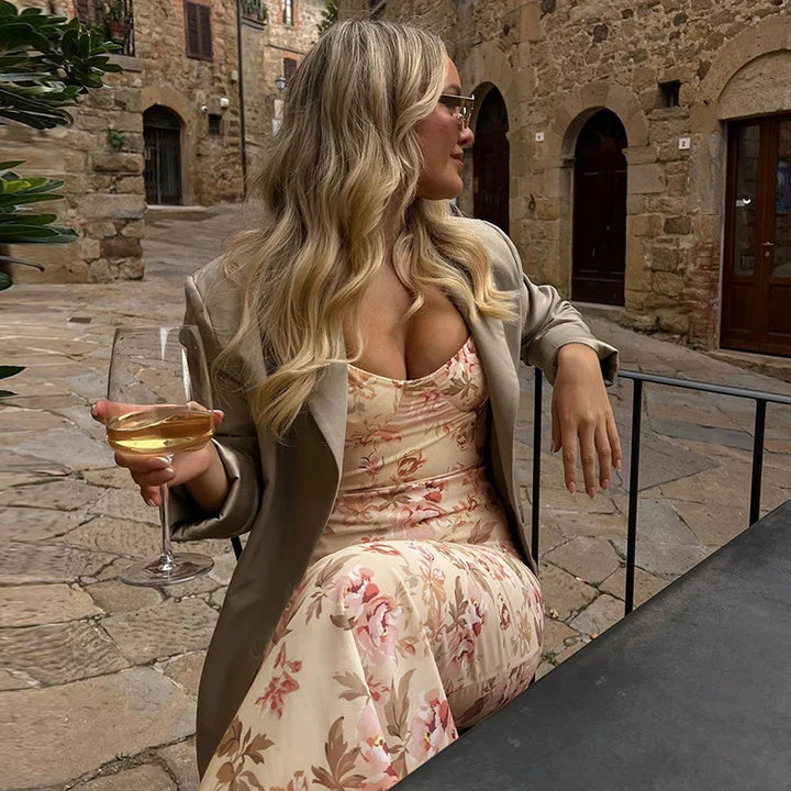 Fitted floral maxi dress with open back - Felicia