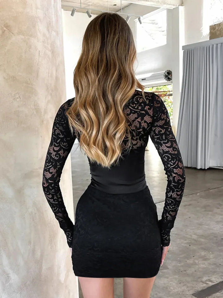 Fitted Lace Mini Dress with Satin Detail and Pin Closure - Olive
