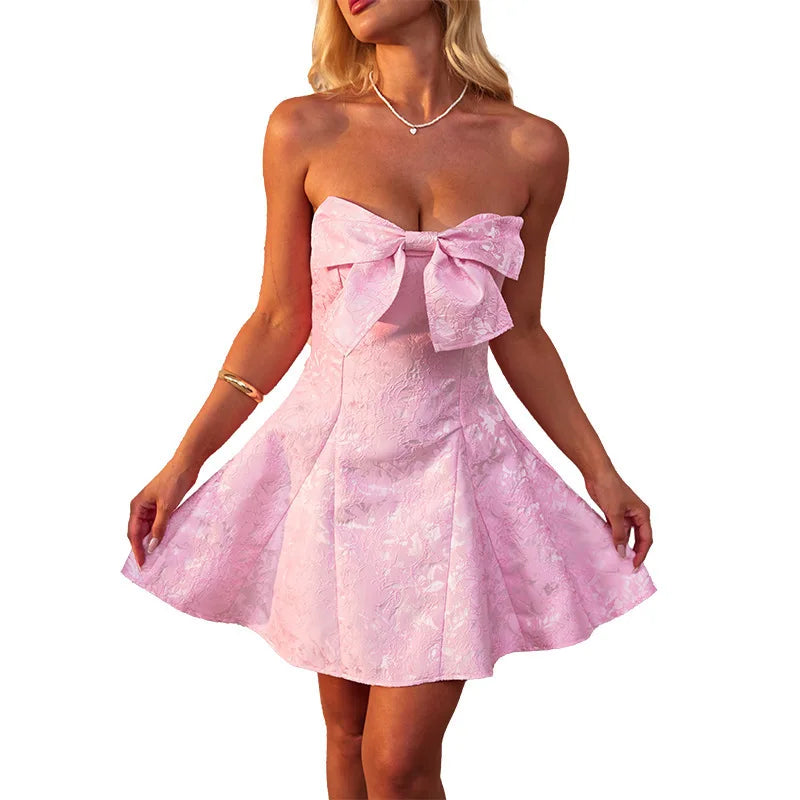Mini Strapless A-Line Dress with Bow and Floral Embroidery Detail - Alina