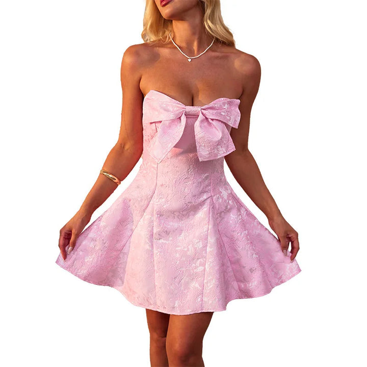 Mini Strapless A-Line Dress with Bow and Floral Embroidery Detail - Alina