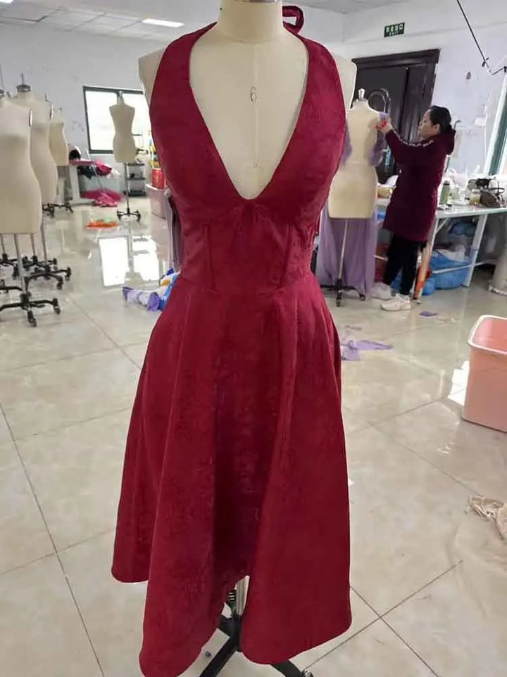 Midi A-Line Dress with Neck Tie, Open Back, Floral Embroidery Detail - Flora