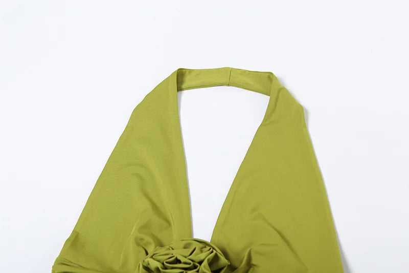 Maxi Dress with Ruffle and Flower Decoration and Open Back - Maxine