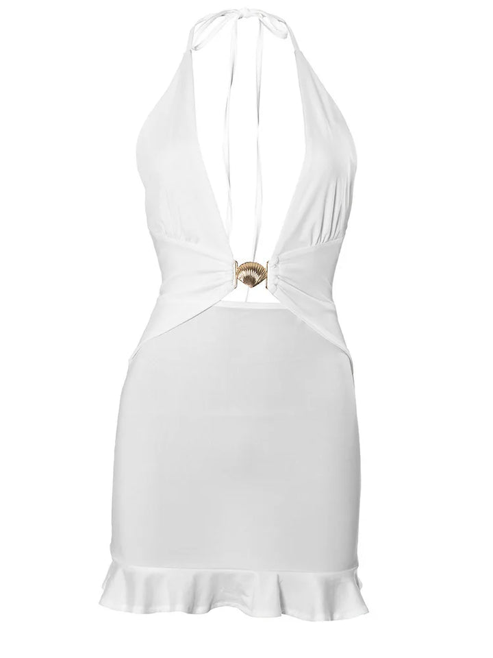 Mini dress with neck tie, deep V neckline decorated with gold shell buckle - Astraja