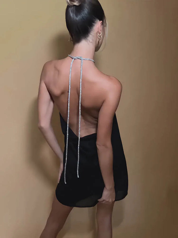 Satin mini dress with sparkling sequin threads tied at neck - Colin