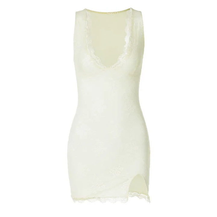 Fitted mini dress with lace, floral embroidery, and small slit - Neil